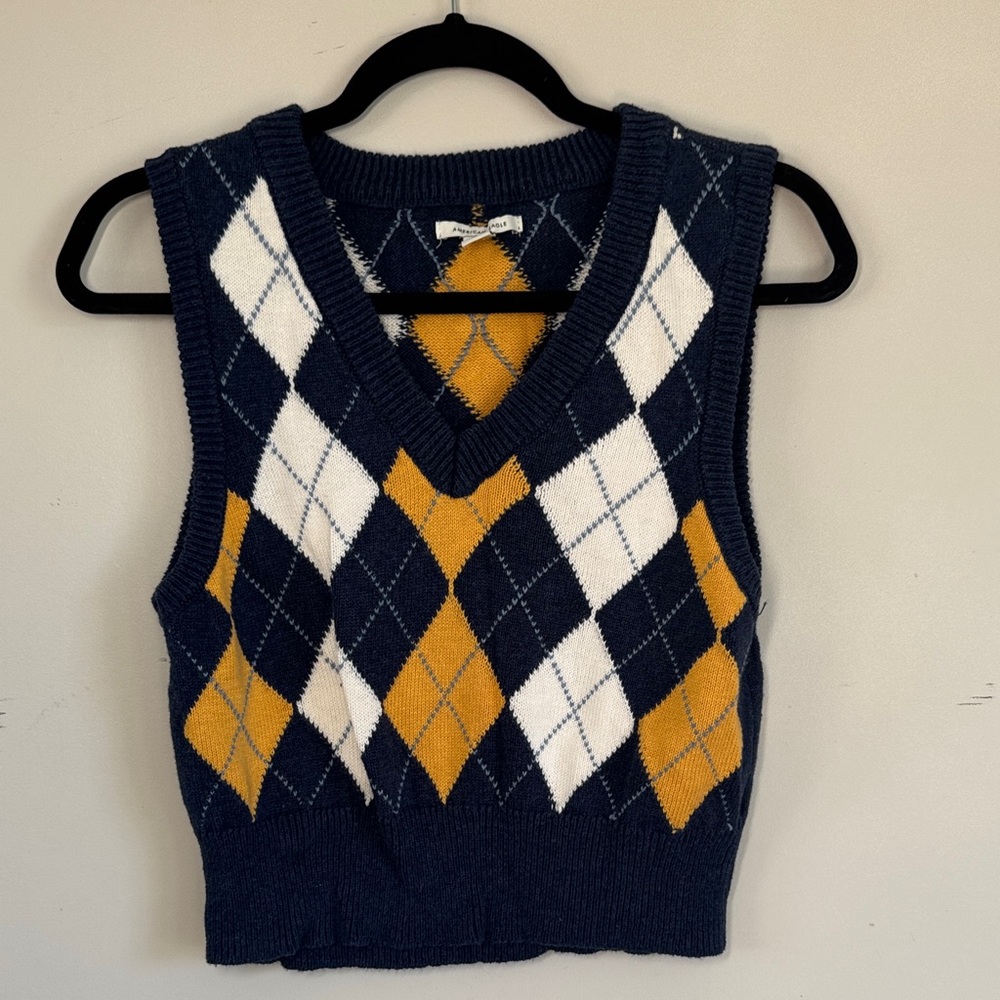 Argyle Knit Sweater Vest - Navy, White, and Yellow